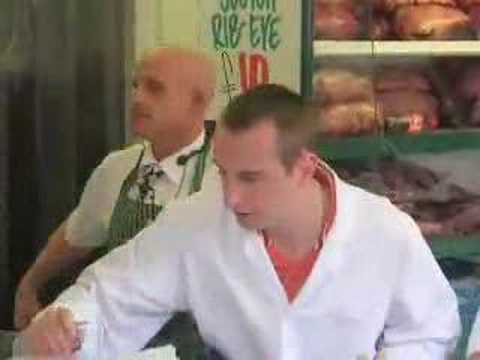 Kirk (Andrew Whyment) from Coronation Street appearing at one of the local butchers in Wednesbury, West Midlands.