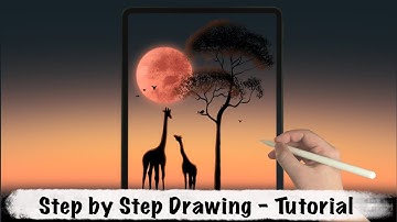 Giraffes Under the Moon iPad Procreate Drawing - Step by Step Drawing Tutorial