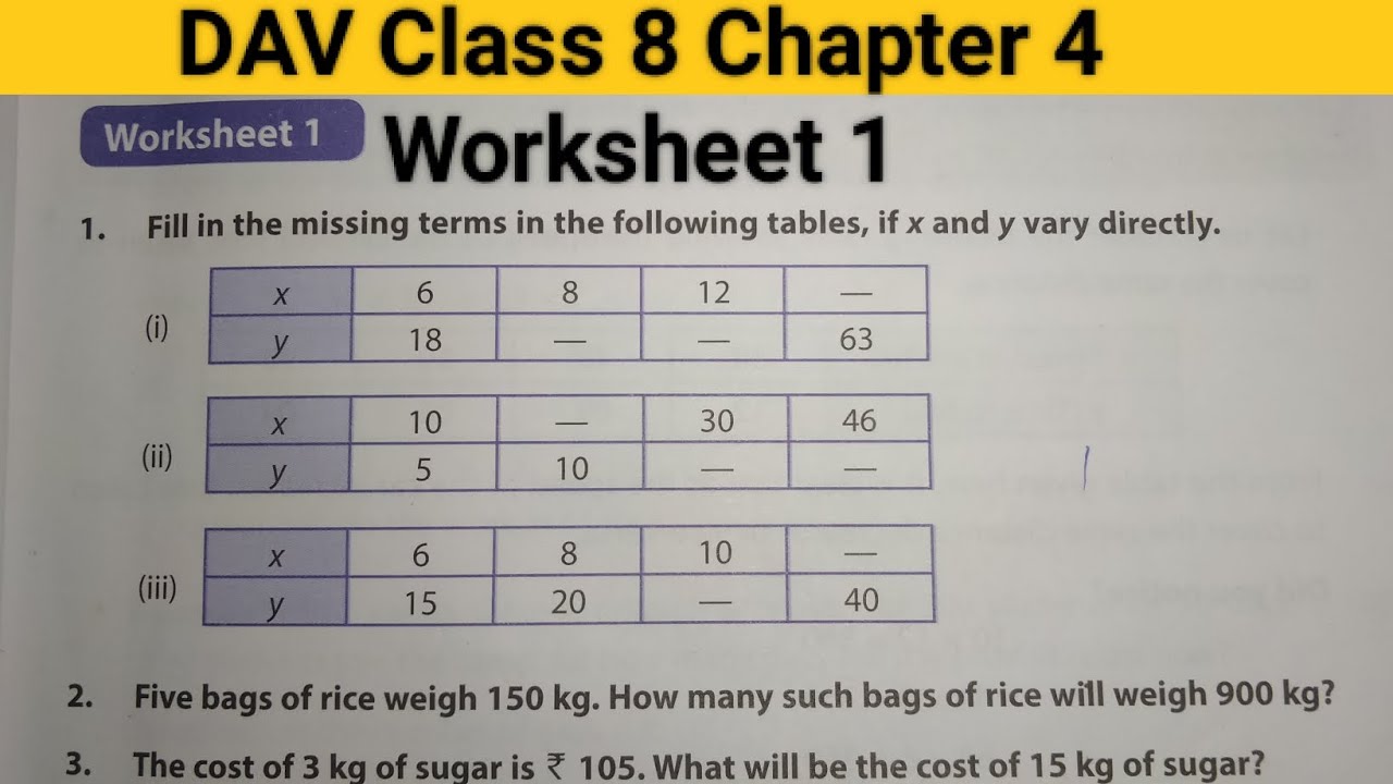 DAV class 8 chapter 4 worksheet 1 ।Class 8 maths chapter 4 worksheet 1 ...