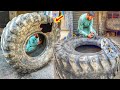 Hard working Young man Repairing Gaint Caterpillar Loader Tire | Heavy Duty LoaderTire Repair |