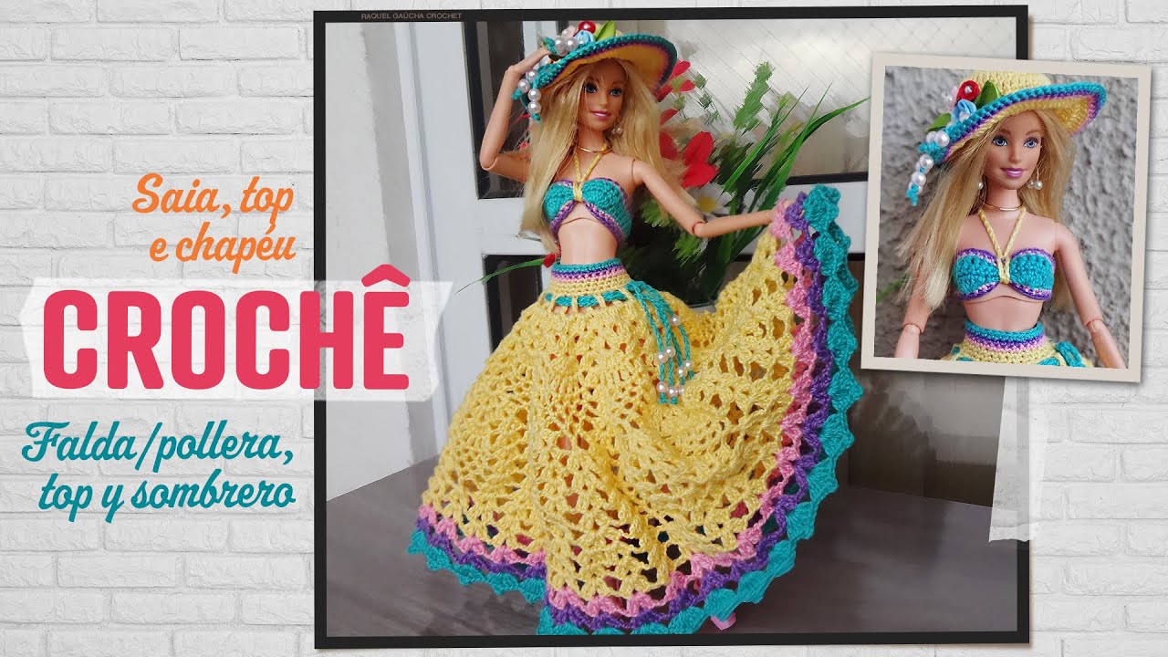 Saia, Top e Chapéu de Crochê para Bonecas