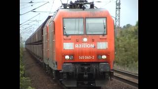Coal train with DB Railion 145 040-2 passes through Hohenschönhausen station #145 #trainspotting