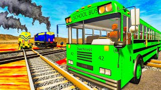 Double Trains Crossing Giant Pit Lava | Green School Bus vs Train | BeamNG.Drive Video screenshot 3