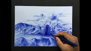Blue ballpoint pen | Mountain drawing | @denissaorart75