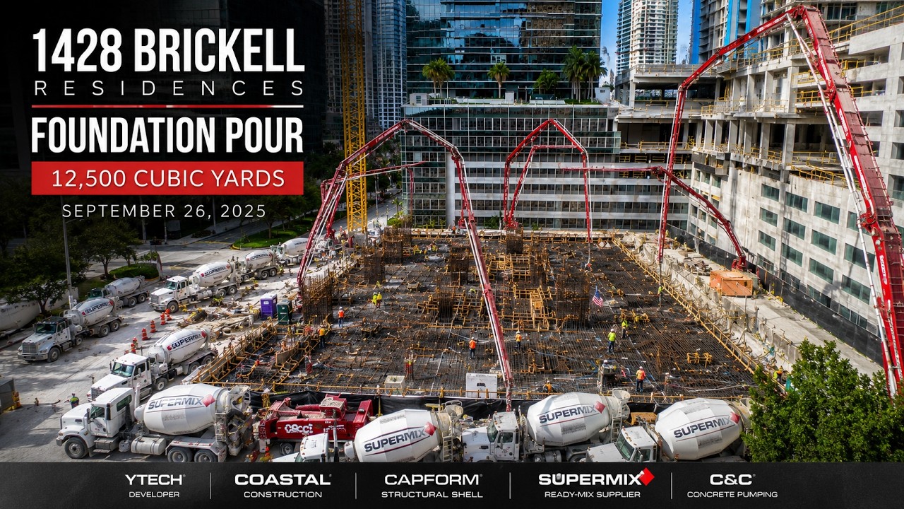 1428 Brickell Residences foundation concrete pour in Brickell Miami documented by Drone Permission