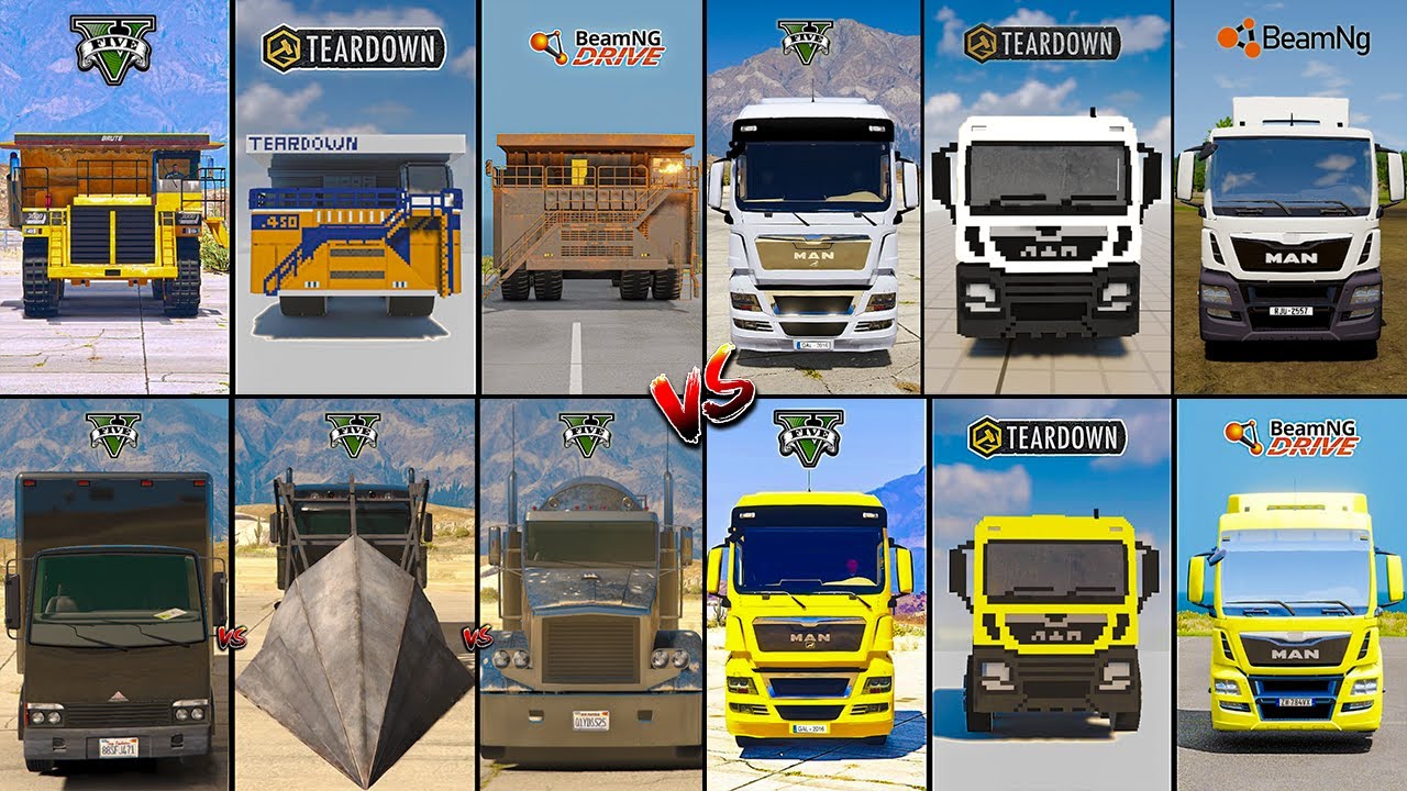 Гигантский самосвал против обычного самосвала против самосвала с рампой в режиме разборки против ...