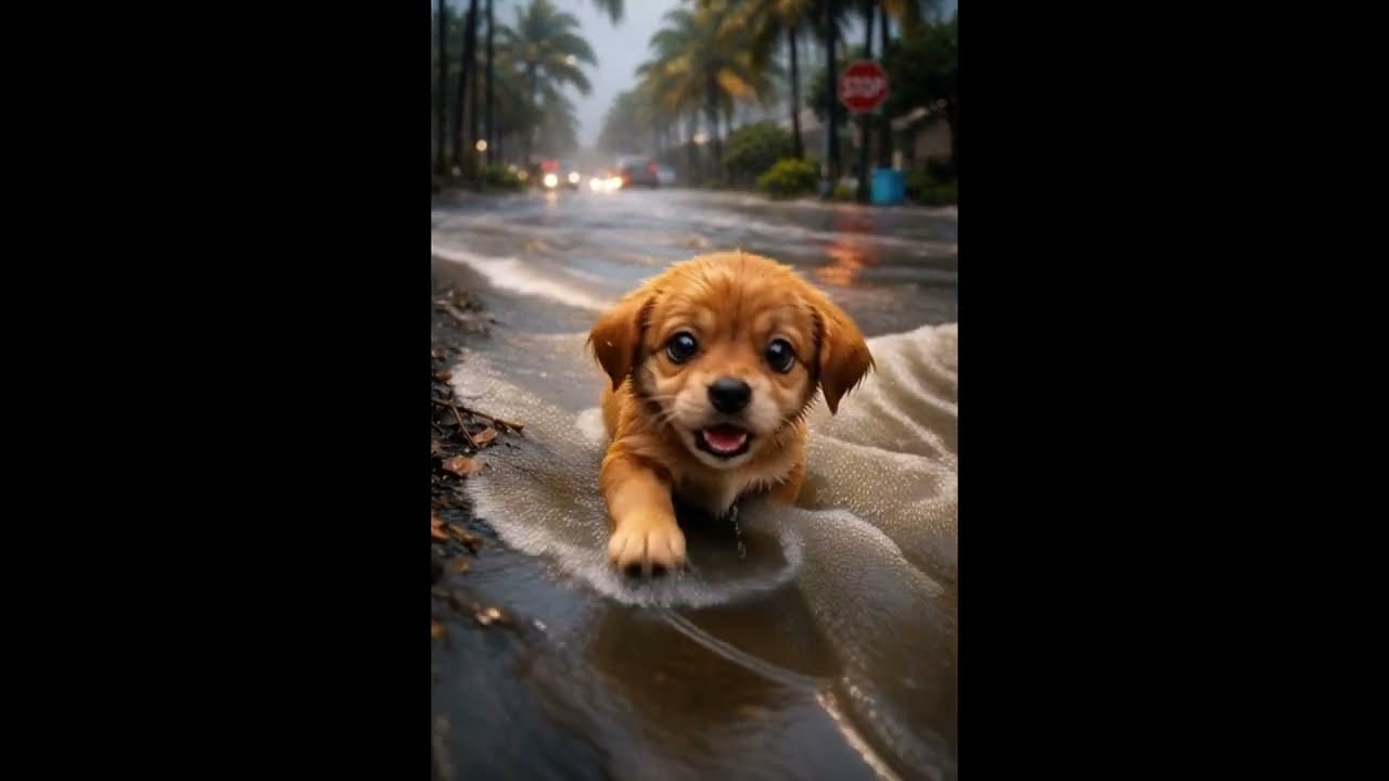 Tiny Puppy Saved by Brave Cat in Street Flood😲🐱🐶