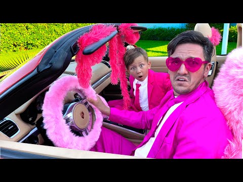 Видео: Senya and Dad Ride the New Super Pink Car