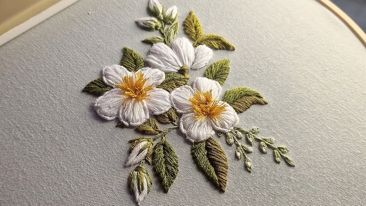 How to embroider a 3D JASMINE Flower SATIN Embroidery - YouTube