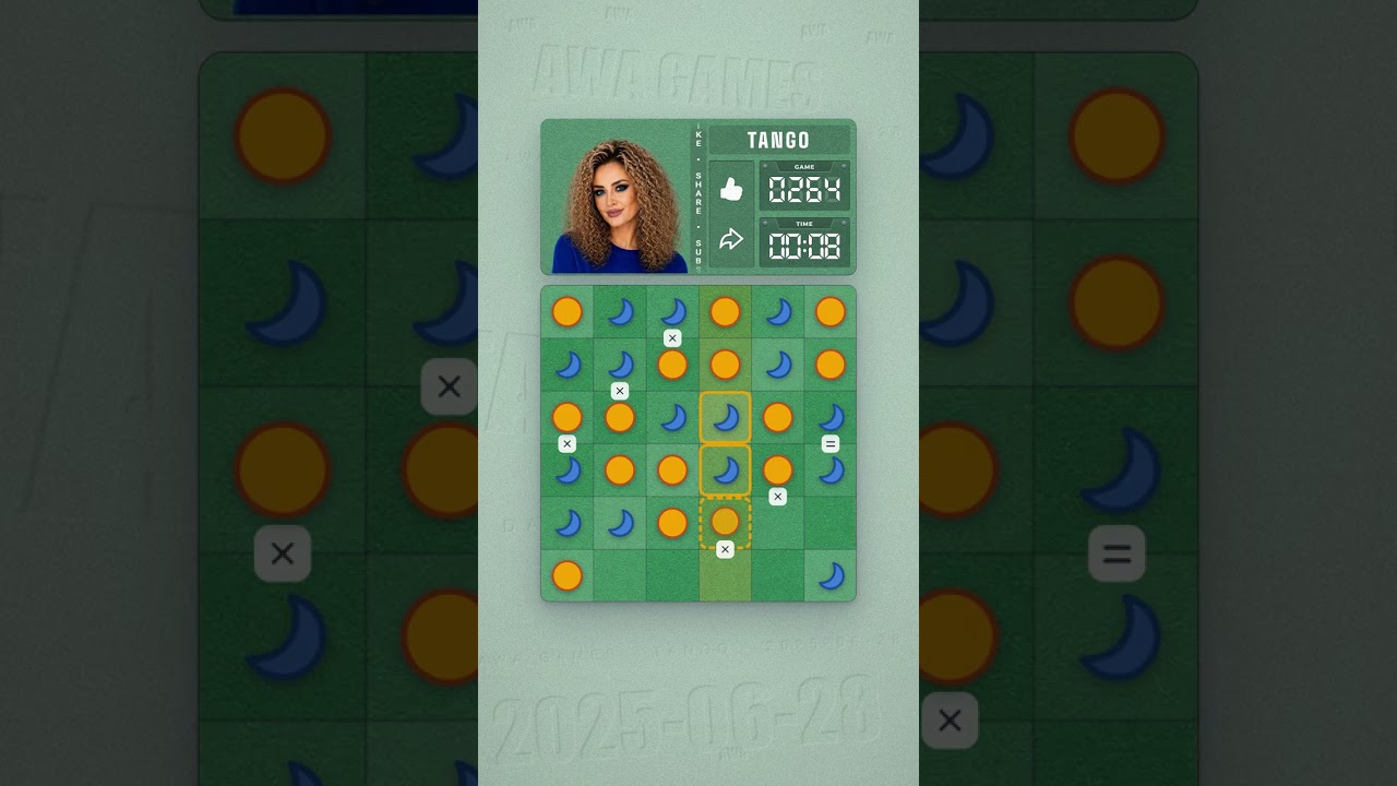 LinkedIn Tango #264 solved board for June 28, 2025, 6x6 grid