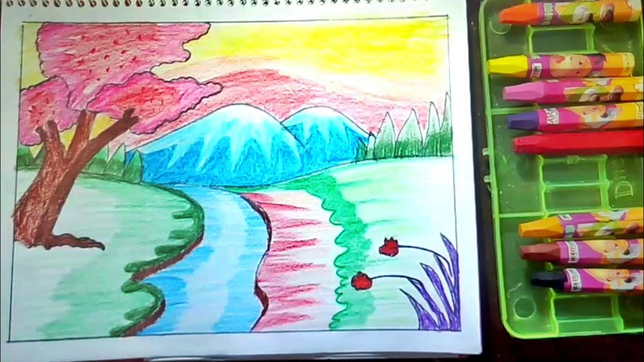 River drawing | How to draw a beautiful scenery | easy drawing - YouTube