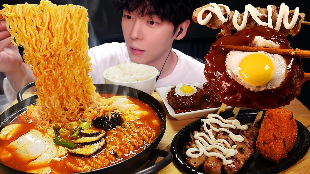 ⁣ASMR MUKBANG | 직접 만든 순두부 열라면 메추리알 함박스테이크 닭꼬치 먹방 & 레시피 FIRE NOODLES CHICKEN EATING