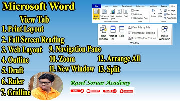 Ms Word- View Tab- Print Layout, Full Screen Reading, Draft, Outline, Ruler, Guirdline, Zoom, Window