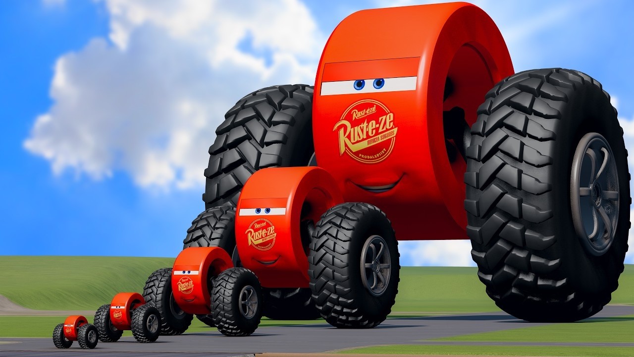Big & Small Monowheel Lightning Mcqueen with Monster Truck Wheels vs Trains | BeamNG.Drive