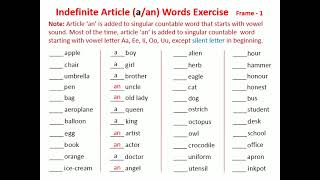 EG2 - English Grammar - Indefinite Article (a/an) Words Exercise