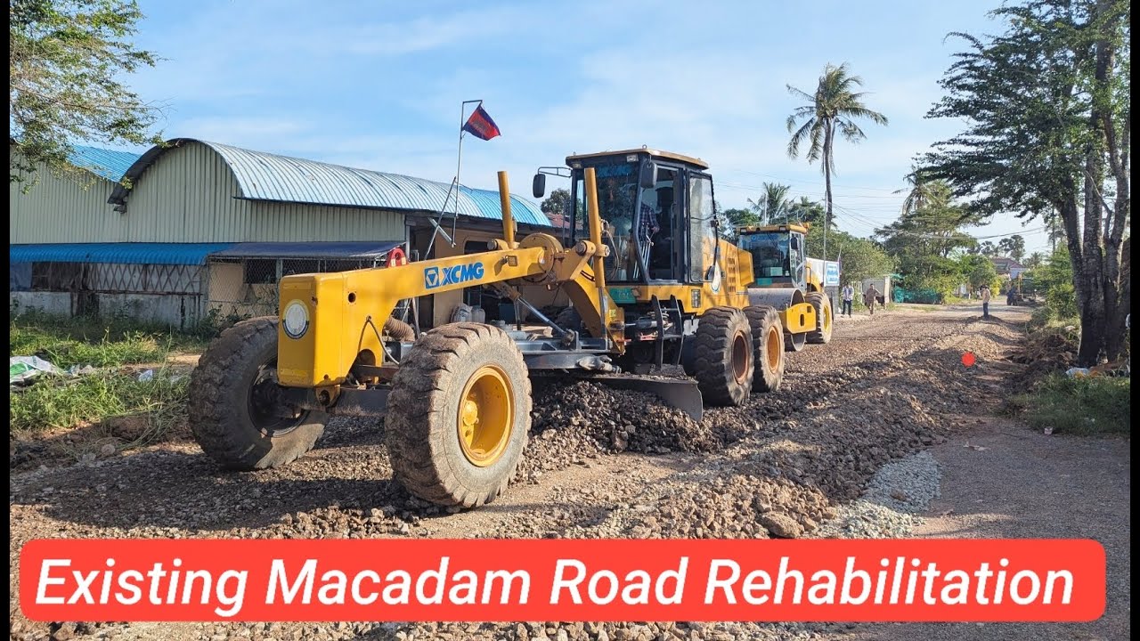 Full Rehabilitation Process of Macadam Road | Base Course Mixing, Watering & Recompaction