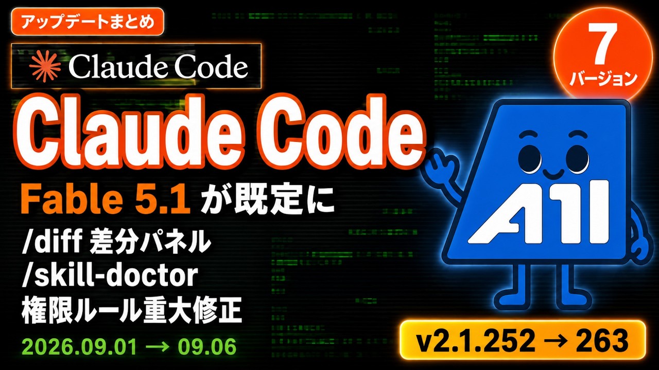Claude Code v2.1.252〜v2.1.263 アップデートまとめ｜Claude Fable 5.1が既定に・/diff差分パネル・/skill-doctor