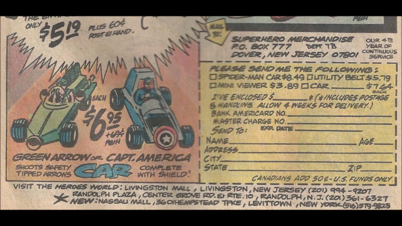 COMIC MAN PRODUCTIONS: SUPERHERO MERCHANDISE SPIDER-MAN CAPT AMERICA CAR MARVEL COMIC BOOK AD 1980