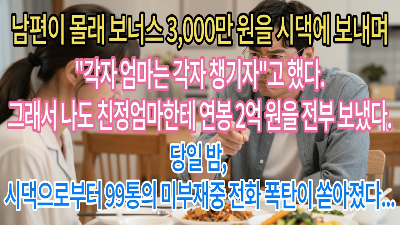 남편이 보너스 3천만 원을 시댁에 몰래 보내며 