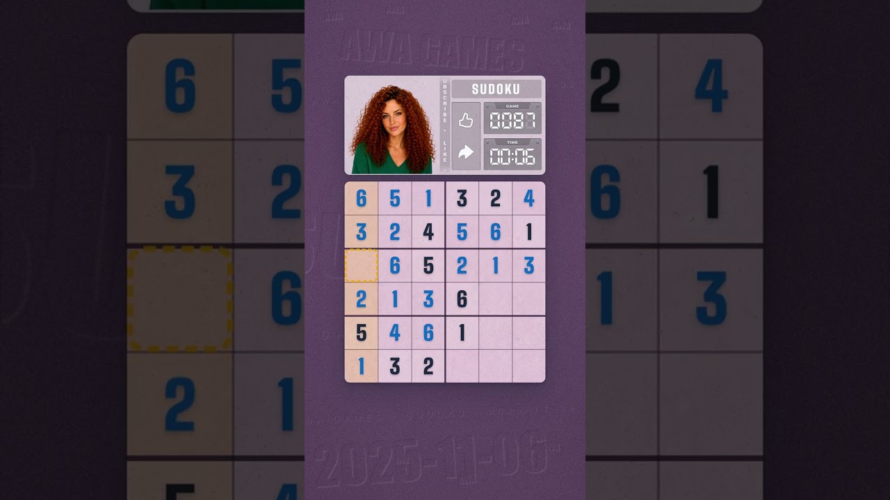 LinkedIn Mini Sudoku #87 solved board for November 6, 2025, 6x6 grid