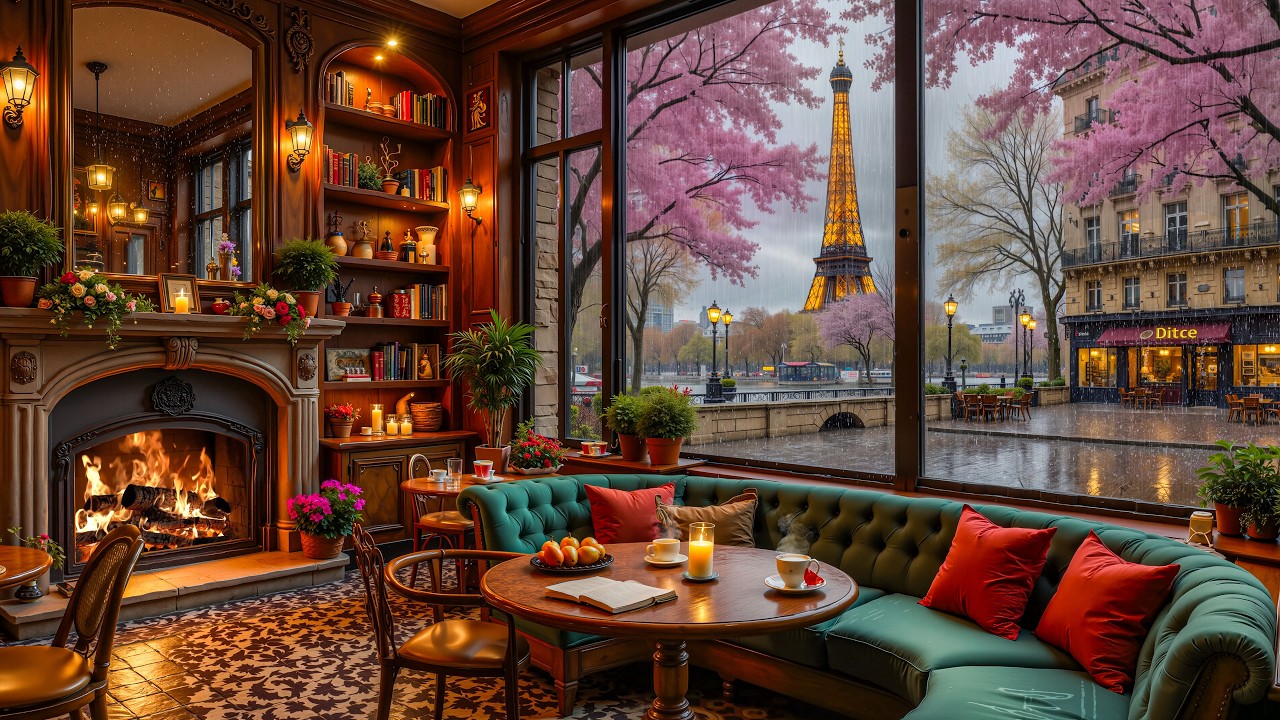 🌧️ Cozy Paris Rain Jazz Lounge ☕ Fireplace Ambience by the Eiffel Tower for Relax & Sleep