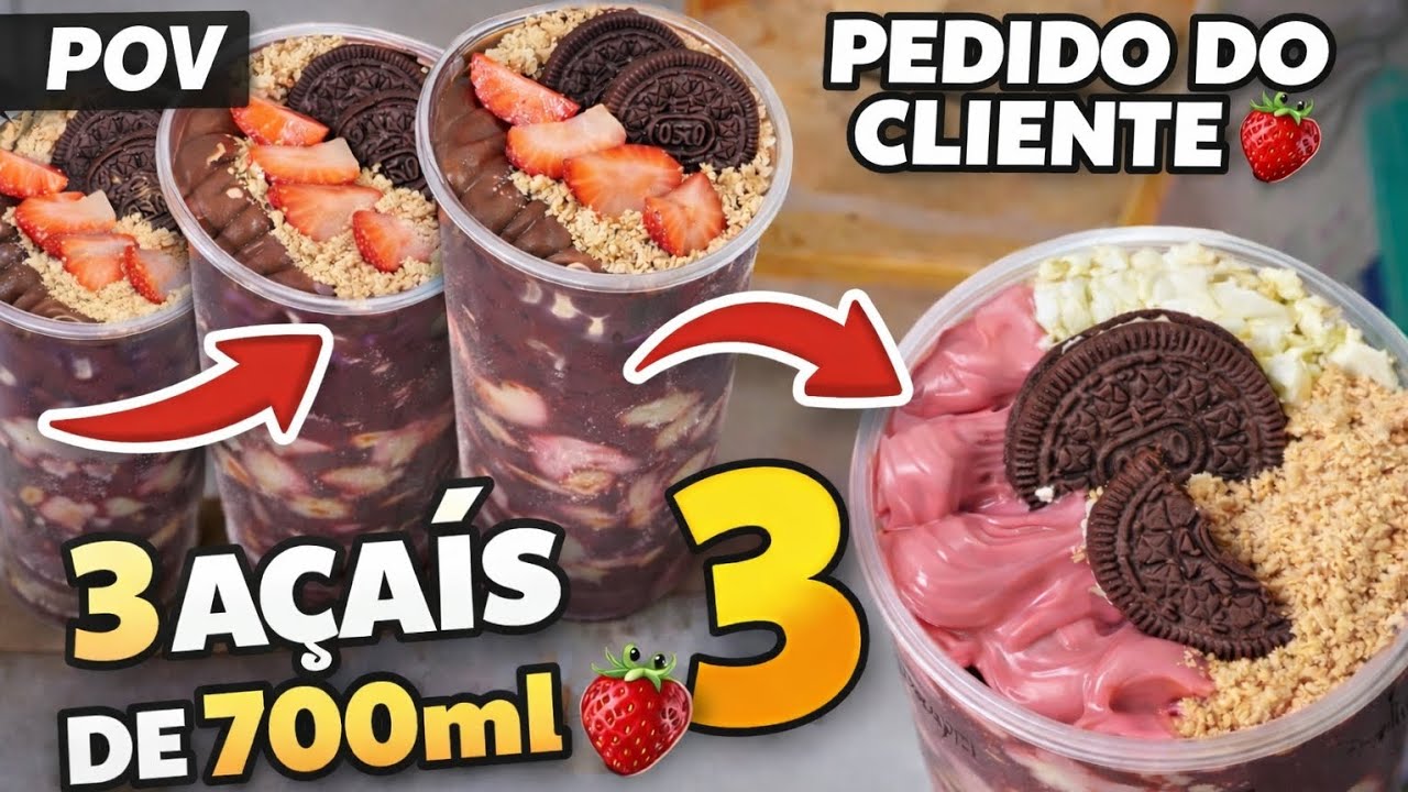POV: Cliente pediu 3 AÇAÍS de 700ml + 1 com CREME DE MORANGO 🍓 