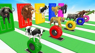 Mystery Wall Door Challenge With Gorilla Cow Mammoth Elephant Dinosaur Tiger Mystery Door With Tires