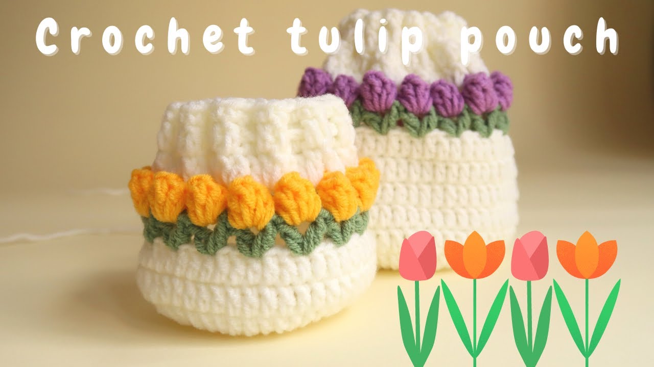 Crochet tulip drawstring pouch bag