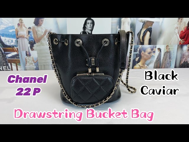 Chanel 22P Black Caviar Drawstring Bucket Bag with Champagne Gold Hardware.  