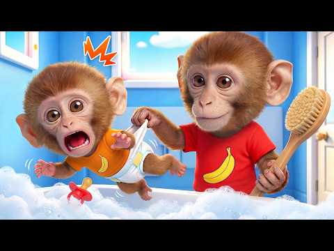 Bebé Mono Bañándose en el Baño Comiendo Fruta con Patitos Junto a la Piscina | La Canción del Baño
