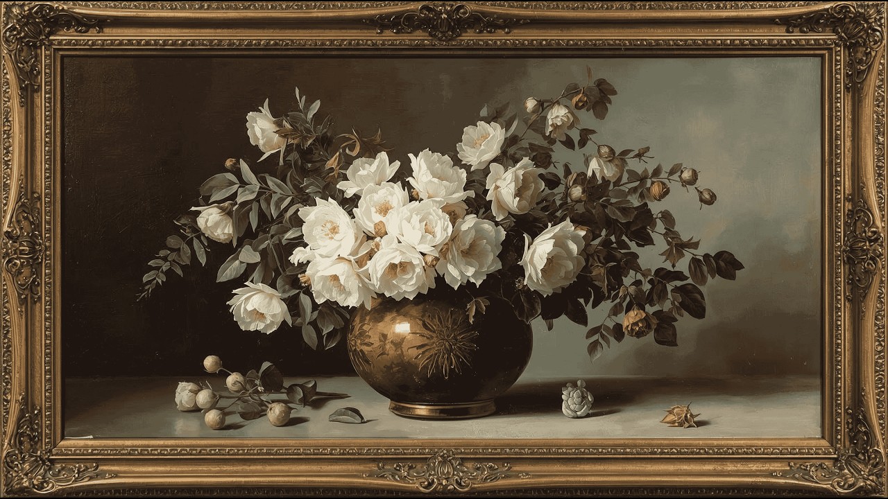 Classic White Peonies in Bronze Vase | Vintage Floral Oil Painting