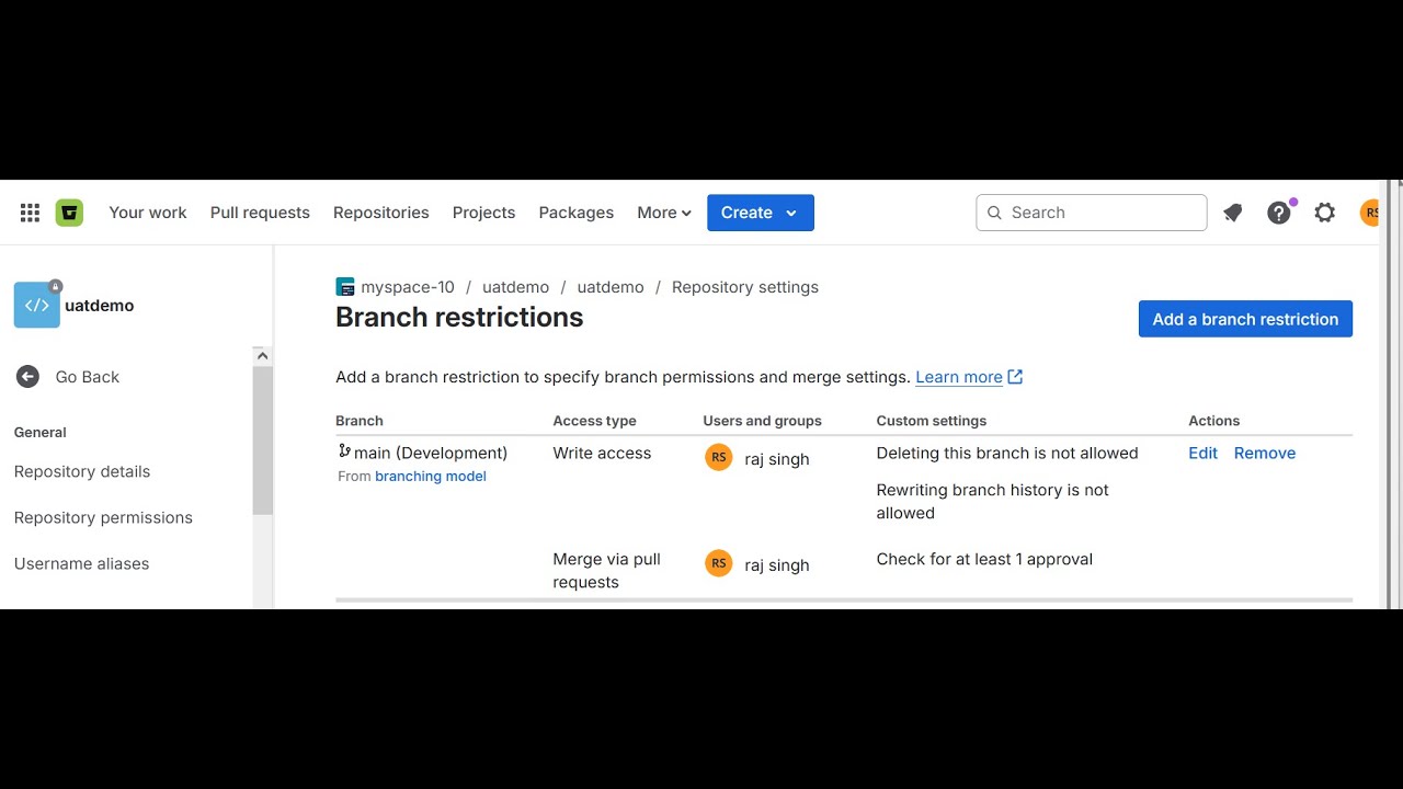 How to Avoid direct push main branch in bitbucket repository. # ...