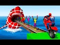 Superheroes against big spider shark crazy stunt race challenge by motorcycle cars and quad bike