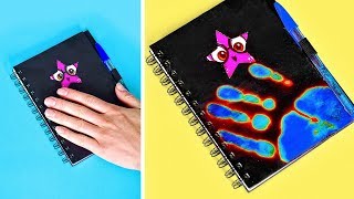 Thermochromic notebook - 1:19 lava pen 4:42 nail polish highlighter
7:33 rainbow 9:28 wiggly holder 10:18 pencil earphones 12:18 pe...