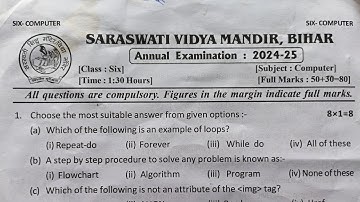 Annual exam 2024-25 class 6 computer Saraswati shishu Vidya Mandir question paper.