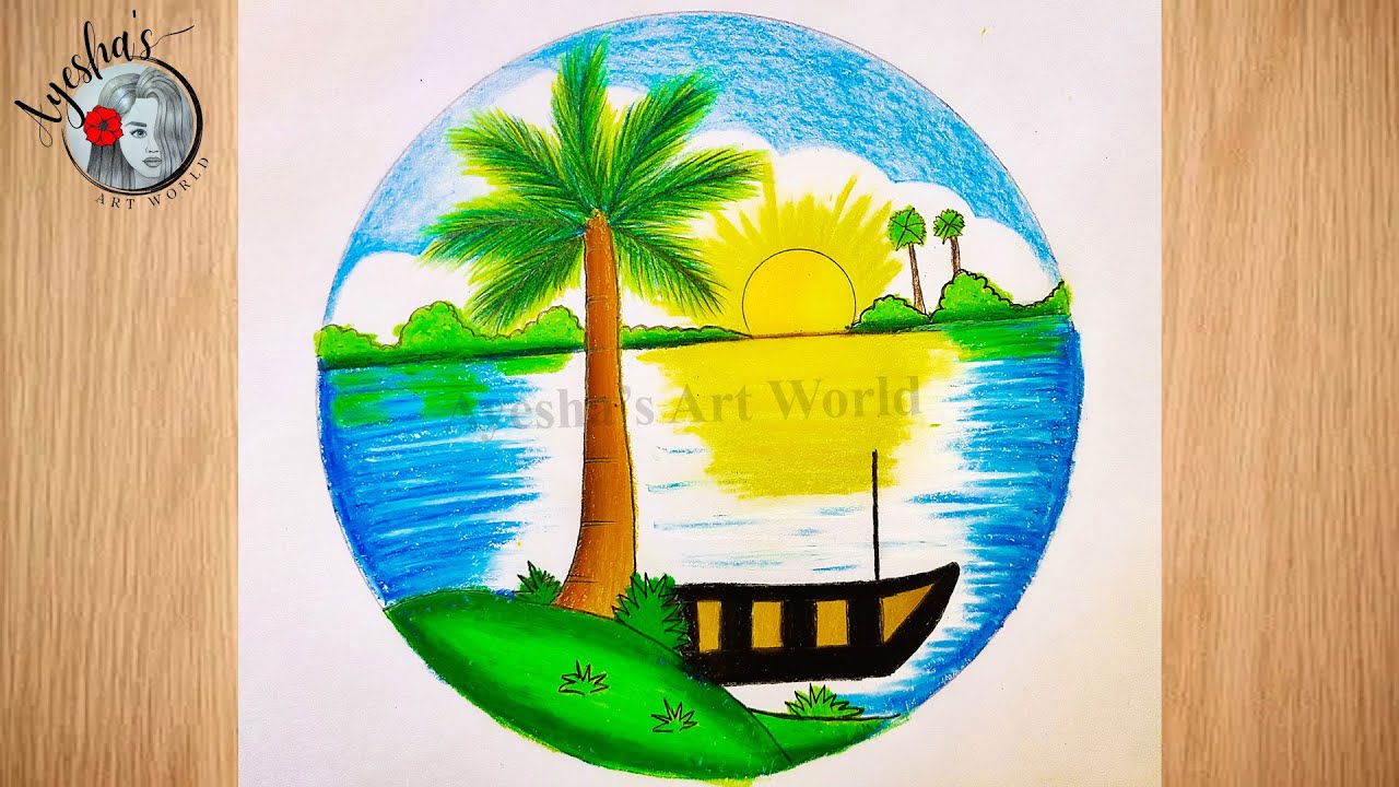Easy Circle Scenery Drawing । How to Draw Easy Scenery with Color - YouTube