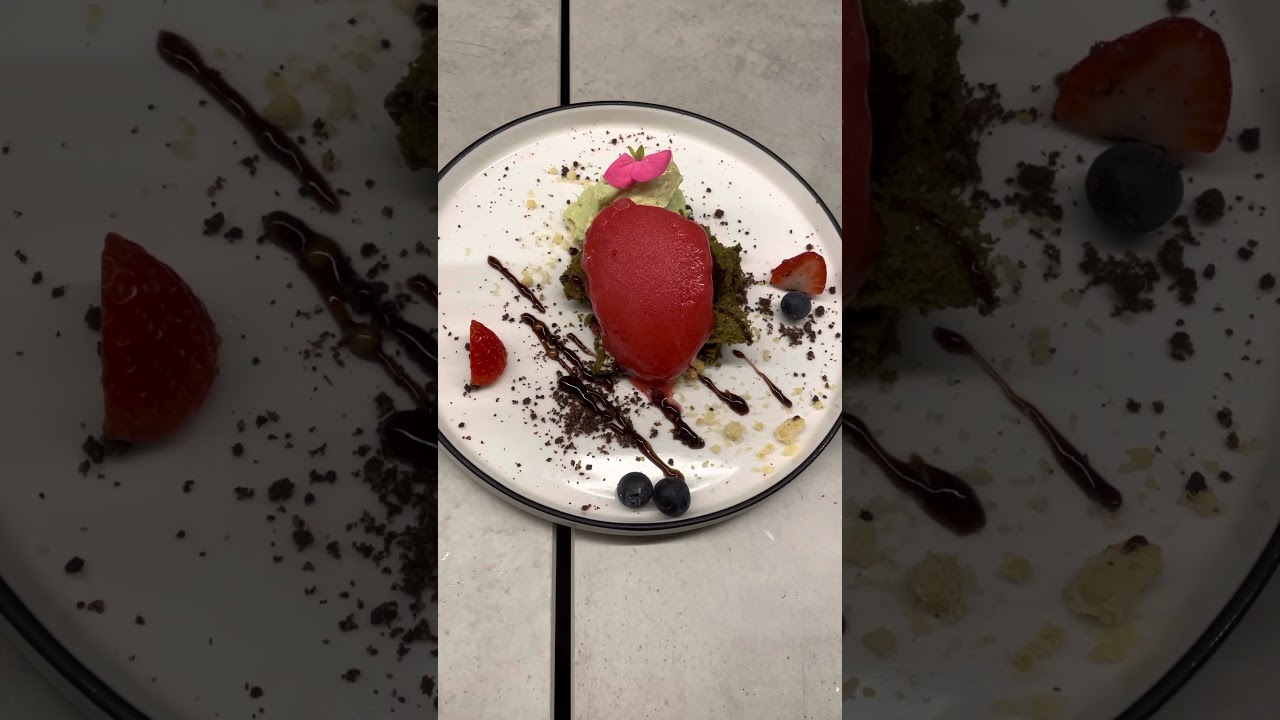 Raspberry sorbet, with green tea sponge cake on a bed of chocolate soil + final review