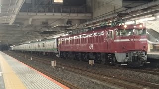 【E231系5B 機器更新に伴うAM入場】国鉄EF81-134号機+JR東日本E231系1000番台横ｺﾂS-03編成が大宮駅11番線に何も鳴らさずに発車するシーン(配9844ﾚ〜配9729ﾚ)