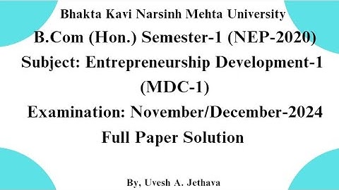 #bknmu B.com(Hon.) Sem-1MDC Enterpreneurship Development-1Exam 2024 Paper Solution #bknmu_bcom_sem_1