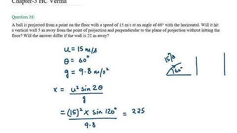 Q38. A ball is projected from a point on the floor with a speed of 15 m/s at an angle of 60°
