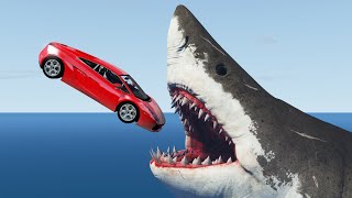 Cars Jumping into Mouth of Giant Shark (Megalodon) - BeamNG.drive