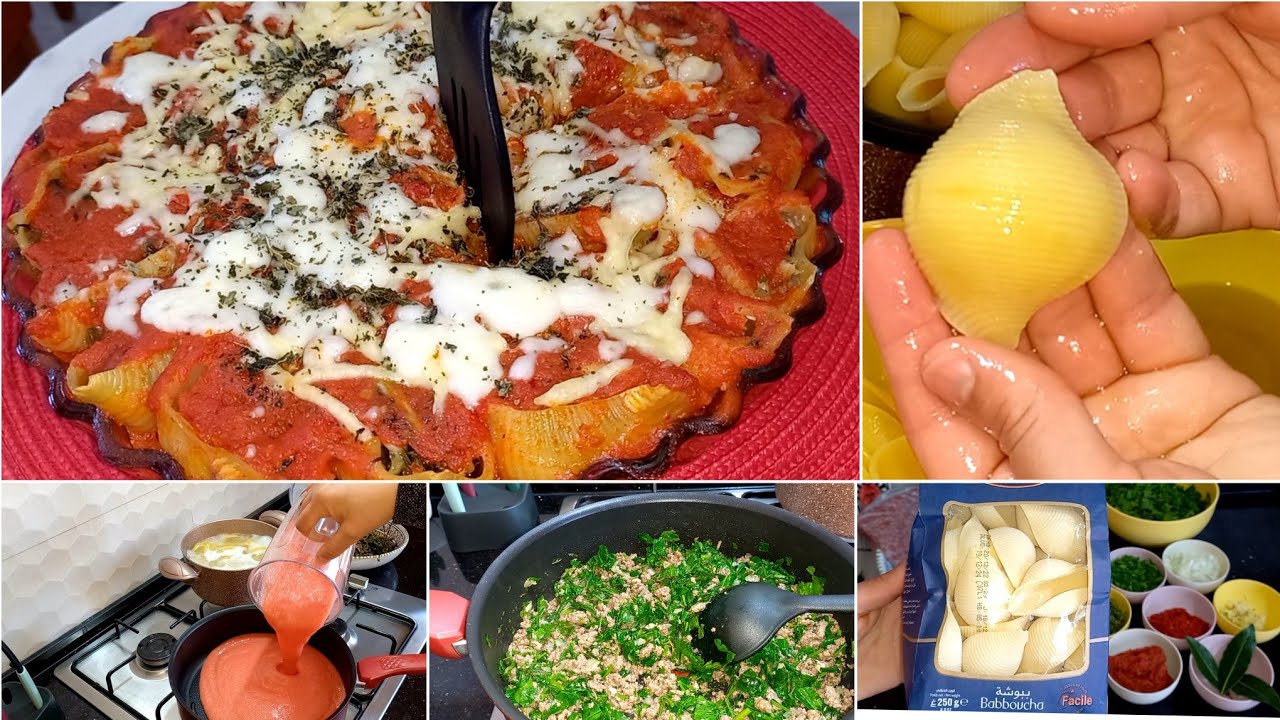 مقرونة ببوش محشية باللحم و السبناخ بطريقتين مختلفين مشخشخة و بنينة/coquilles farcies à la viande