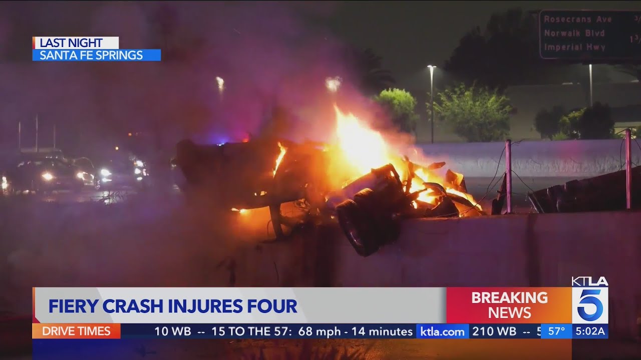 4 injured in fiery crash on 5 Freeway in Santa Fe Springs - YouTube