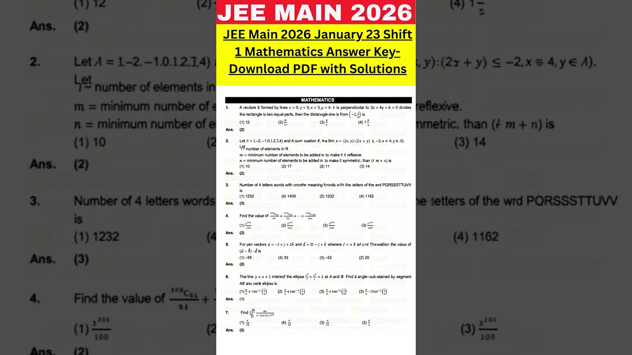JEE Main 2026 January 23 Shift 1 Mathematics Answer Key- Download PDF with Solutions 