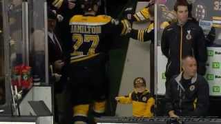 Liam Fitzgerald Fist Bumps Boston Bruins after their Pregame Warm Up