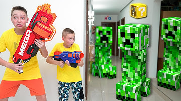 NERF Gun Game: Minecraft Creeper Invasion Finds Us in Real Life