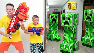 NERF Gun Game: Minecraft Creeper Invasion Finds Us in Real Life
