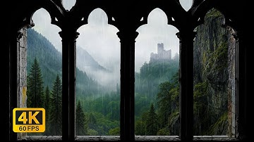 4K Rainy Medieval Castle Window View - Cozy Thunderstorm Sounds - Ambience for Reading