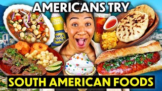 Americans Try South American Food For The First Time! (Choripan, Anticuchos, Cevichocho)