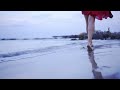 A girl in a red dress walks along the seashore 111  5